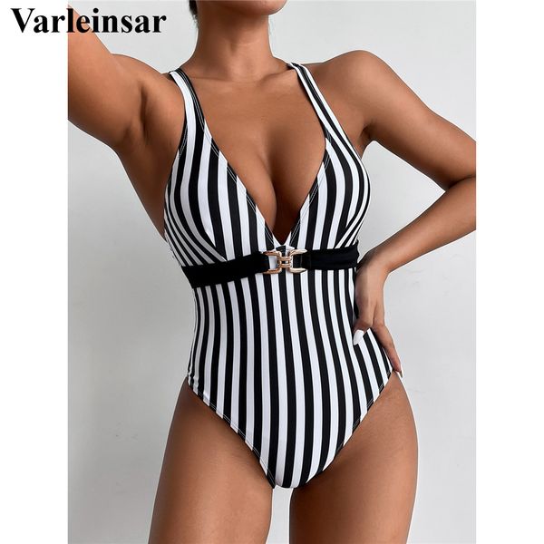 

new v neck striped back cross one piece swimsuit women swimwear female padded monokini bather bathing suit swim lady v3324, White;black
