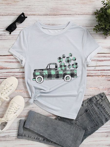 

car & clover print tee 82d2#, White