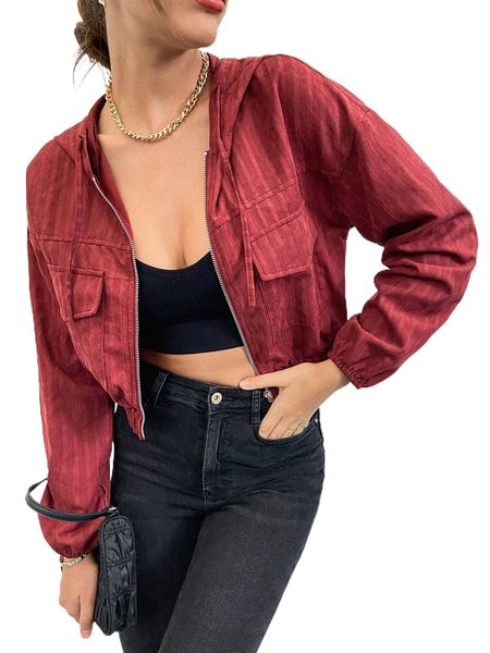 

flap pocket drop shoulder drawstring hooded jacket c1kv#, Black;brown