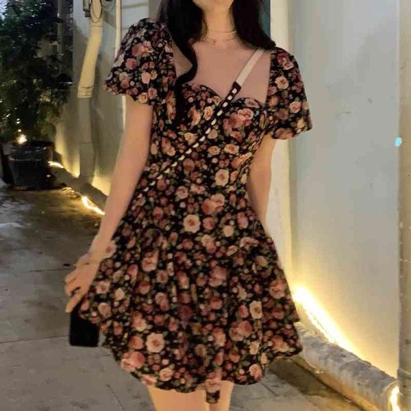 

casual dresses spring and summer niche design rose floral dress square neck bubble sleeve sweet style skirt ggo2, Black;gray