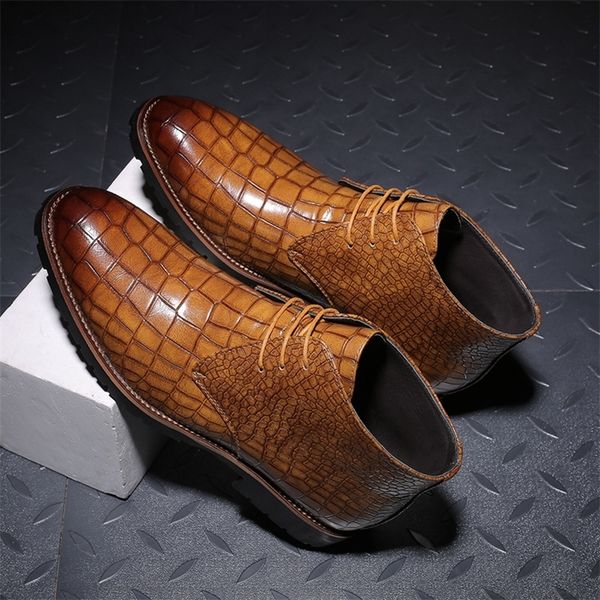 

s style pointed toe leather casual shoes laceup waterproof midheel boots men oxfords 220720, Black