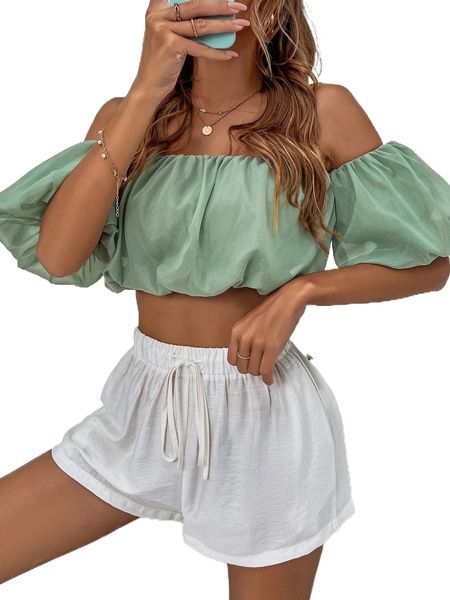

off shoulder puff sleeve crop r68g#, White