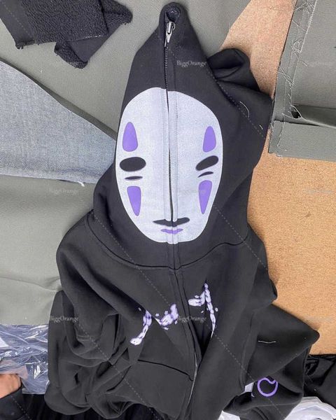 

harajuku hoodie no face man anime print loose zip oversized streetwear y2k couple plus size korean version men clothing, Black