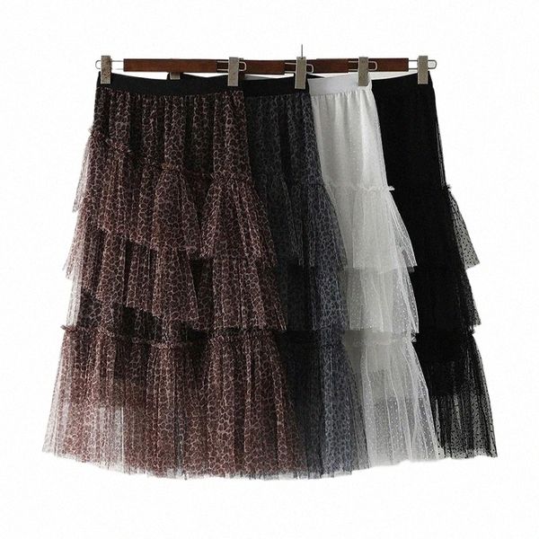 

skirts 2022 ladies layer skirt fashion spring vintage leopard dot printed black long women elastic waist irregularity d41m#