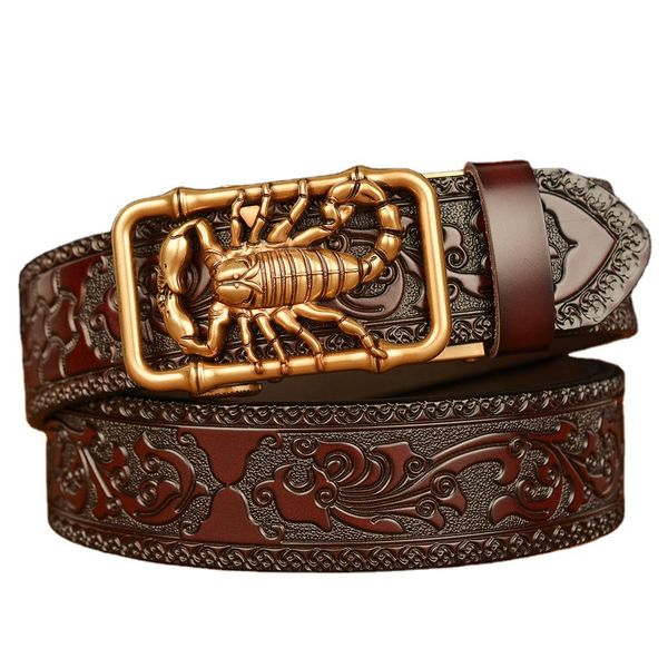

2022 classic men's belt luxury r leather fashion personality carved scorpion automatic buckle business belt men delivery, Black;brown