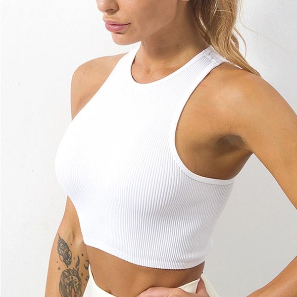 

crop women tanks camis solid basic t-shirts vest seamless streetwear rib-knit sleeveless tee shirts, White