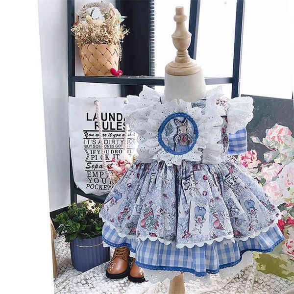 3pcs Baby Girl Summer Blue Rabbit Turkey Vintage испанская лолита принцесса балл платье принцессы для девочки пасхальная вечеринка по случаю дня рождения 210329