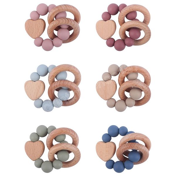 

cartoon beech heart teethers toys baby silicone bead teether bracelet infant wooden teething ring molar toys