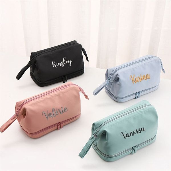 

personalized simple nylon high texture storage bag custom embroidery double wash bag high capacity eyebrow portable makeup bag 220506