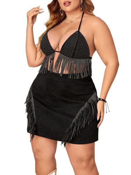 

plus fringe hem crop halter & skirt a3gn#, Black