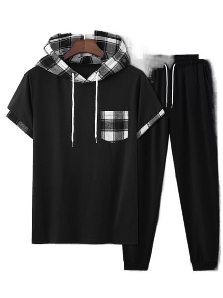 

men random plaid print drawstring hooded tee & sweatpants 43x8#, Gray