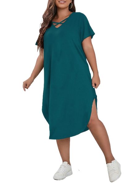 

plus crisscross front curved hem tee dress 78x2#, Black