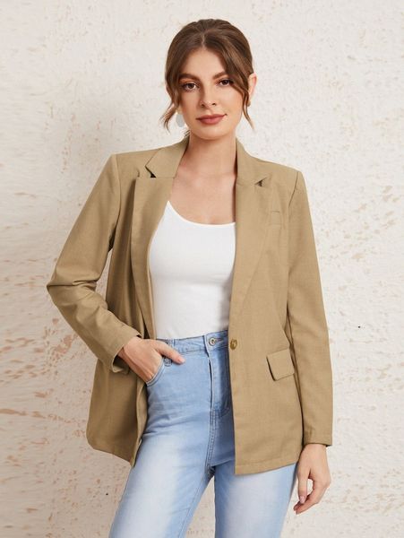 

shoulder pad lapel collar single button blazer m9vq#, White