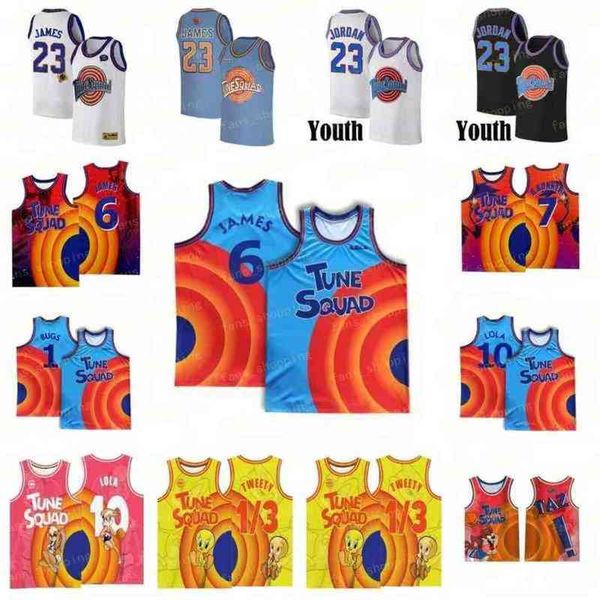 

lebron movie space jam tune squad 2 6 james basketball jersey 23 1 bugs 22 bill murray 10 lola d.duck taz 1/3 tweety 7 r.runner 2021 youth, Black;red