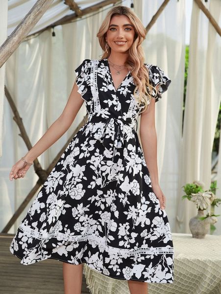 

floral butterfly sleeve belted dress 9318#, Black;gray