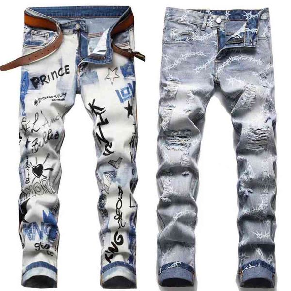 

light luxury mens street fashion ripped jeans slim-fit korea version embroidery denim pants trendy casual jeans x220714, Blue