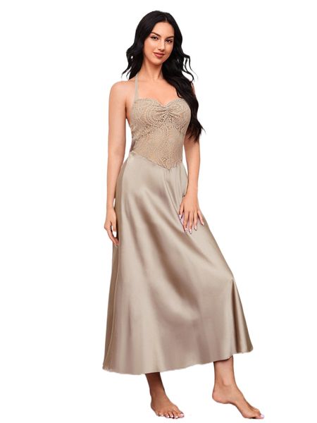 

contrast lace ruched satin halter sleep dress 77lf#, Black;red