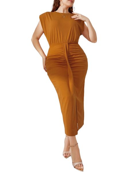 

plus shoulder pads ruched draped split hem bodycon dress d2i9#, Black