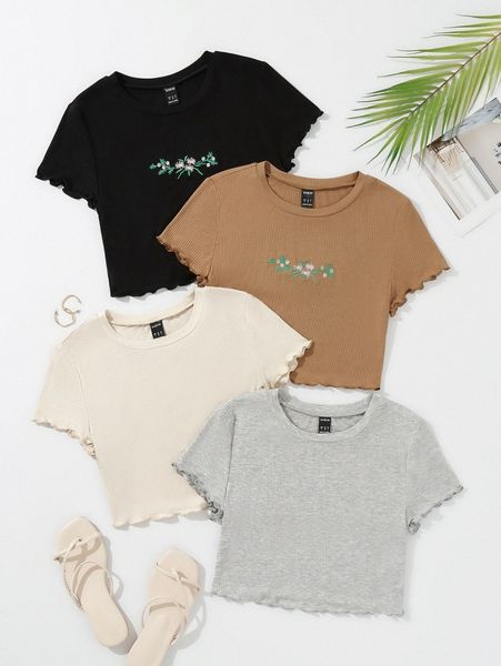 

4pcs floral embroidery lettuce trim tee i6er#, White