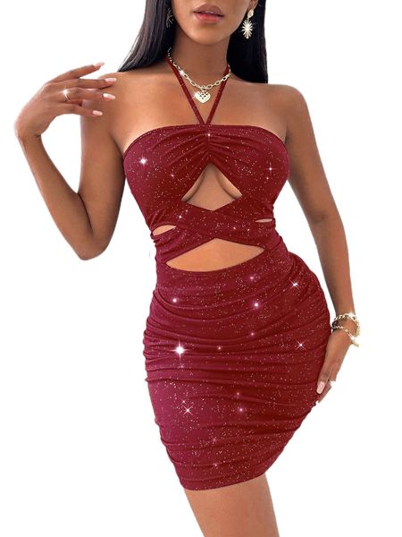 

crisscross cut out tie backless ruched halter bodycon dress g7pu#, Black;gray