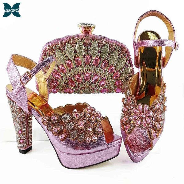 

evening bag 2022 african selling italian design ladies shoes and set decorated with rhinestone in pink color for party 220615