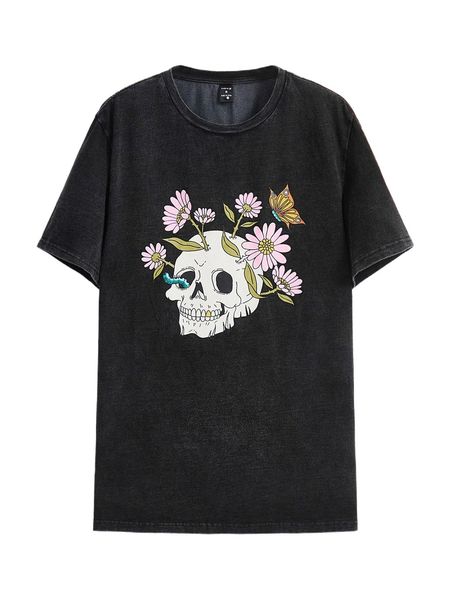 

x the creative witch men floral & skull print tee u262#, White;black