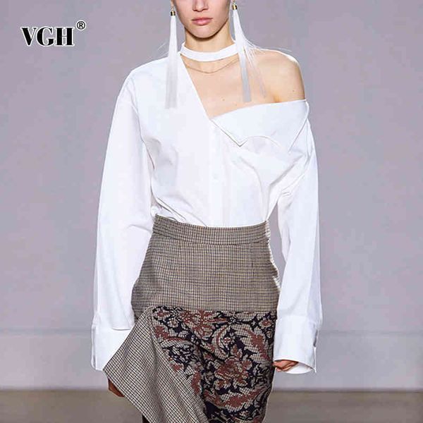 

white elegant shirts for women stand collar long sleeve asymmetrical straight blouses female spring fashion clothes 210507