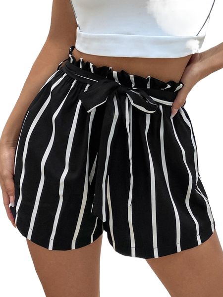 

striped paper bag waist belted shorts j58z#, White;black