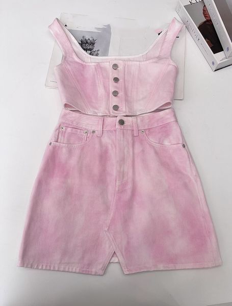 

2022 spring and summer new two piece dress peach tie dyed denim vest skirt, White