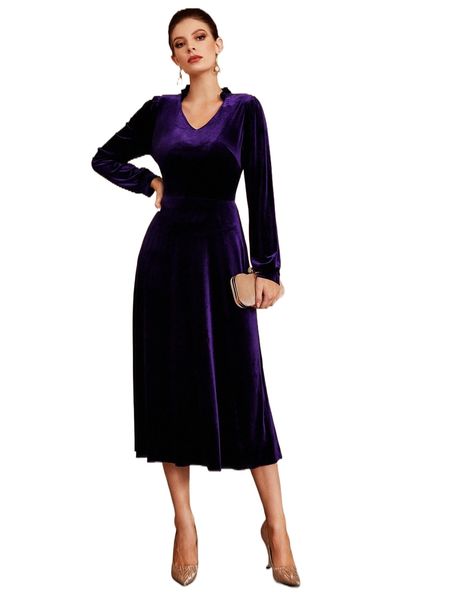 

frill notched neck velvet a-line dress 87yr#, Black;gray