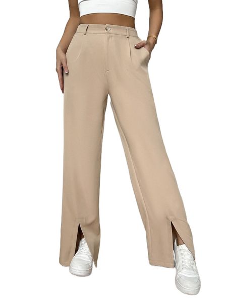 

high waist split hem straight leg pants n5jk#, Black;white