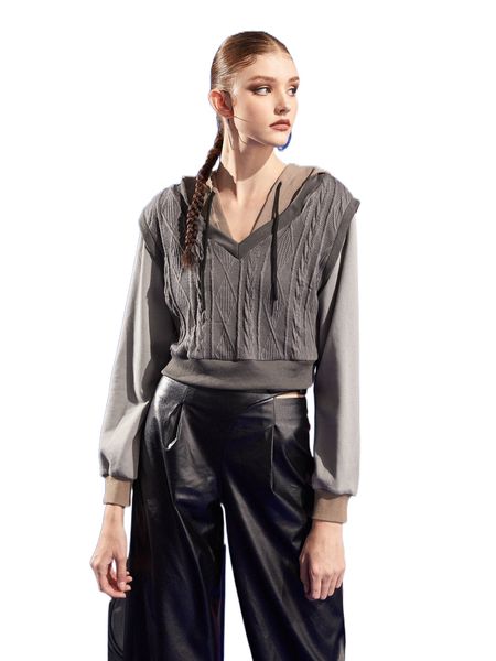 

x space motion studios drawstring cable knit 2 in 1 hoodie 00zi#, Black