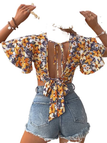

allover floral print tie back butterfly sleeve crop blouse d03g#, White