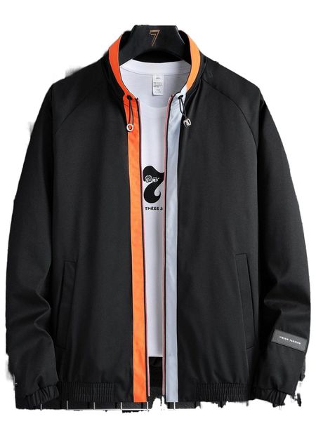 

men 1pc letter graphic contrast trim drawstring zipper jacket r8ey#, Black;brown