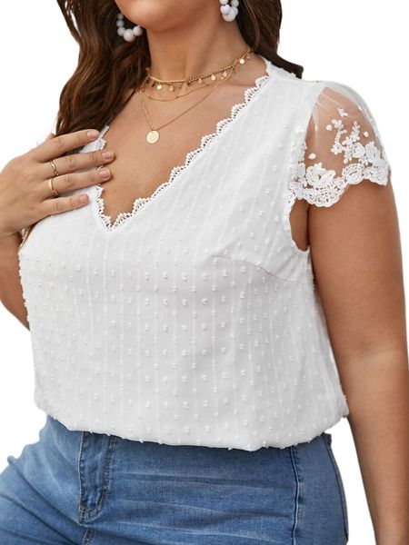 

plus swiss dot contrast embroidery mesh blouse d6av#, Black