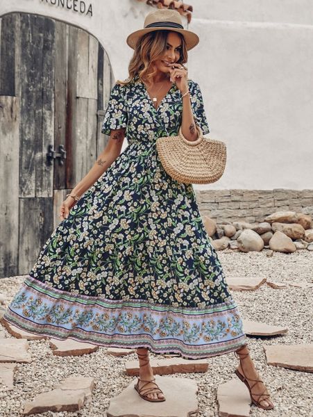 

floral print ruffle hem dress x9lr#, Black;gray