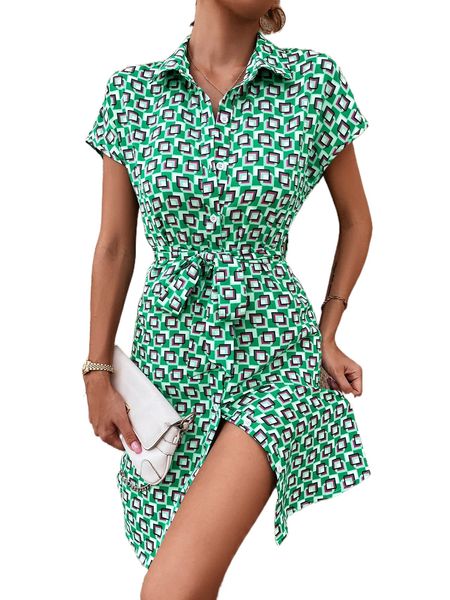 

geo print batwing sleeve belted shirt dress r3pg#, Black;gray