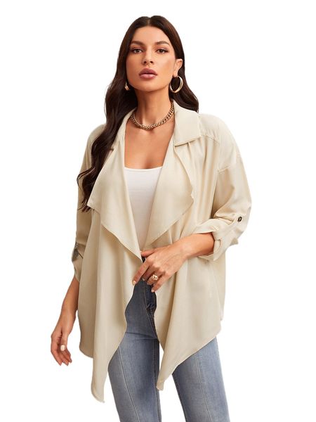 

roll tab sleeve open front coat t1ch#, Black
