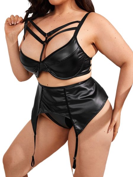 

3pack plus pu harness underwire garter lingerie set 62ml#, Black;white
