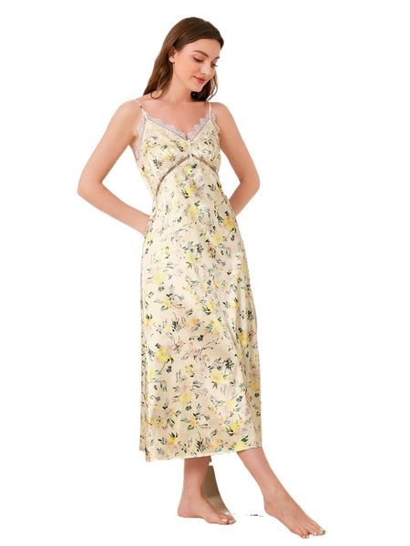 

floral print contrast eyelash lace cami nightdress t2sw#, Black;red