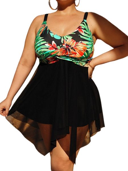 

plus tropical print wrap cross contrast mesh high waist bikini swimsuit w1cu#, White;black