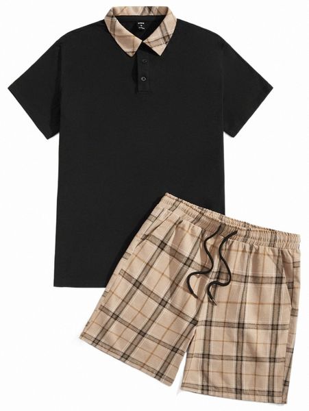 

men contrast plaid collar polo shirt & drawstring waist shorts l9tk#, Gray