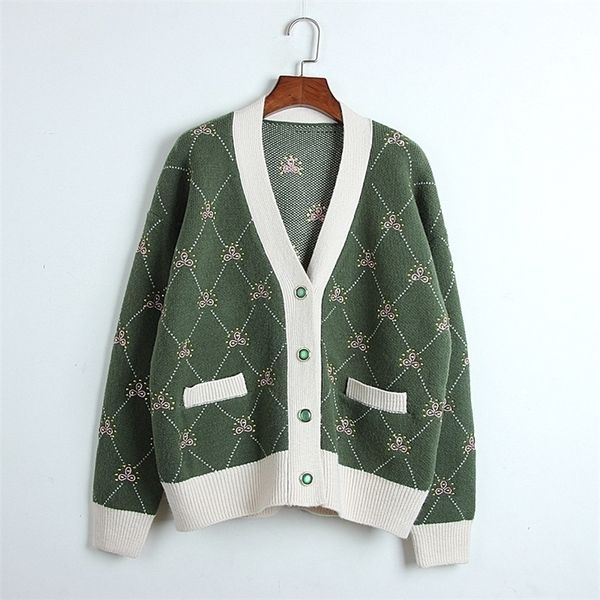 

autumn winter new style crew neck green embroidery flower women's knitwear cardigan coat sweater korean-style wear curren lj201114, White;black