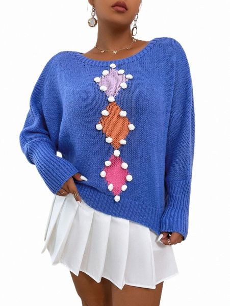 

plus argyle pattern pom pom batwing sleeve sweater j9kf#, Black