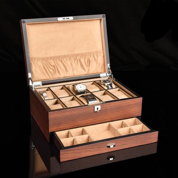 Scatole per orologi Custodie in legno Scatola portaoggetti Organizer con serratura Cassa in legno massello Moda per uomo