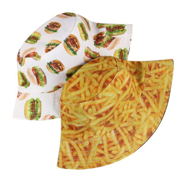 Chapéus de Aba Larga Hambúrguer Batata Frita Pizza Impresso Bucket Hat 2022 Feminino Casual Poliéster Frente e Verso Ao Ar Livre Touca de Sol Pescador Verão