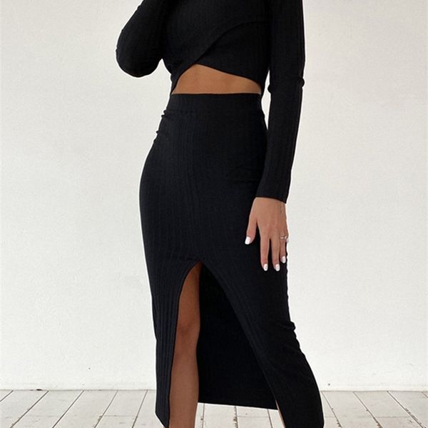 

wannathis 2 piece sets womens outfits winter long sleeve turtleneck crop and women midi black skirt split casual 220607, White