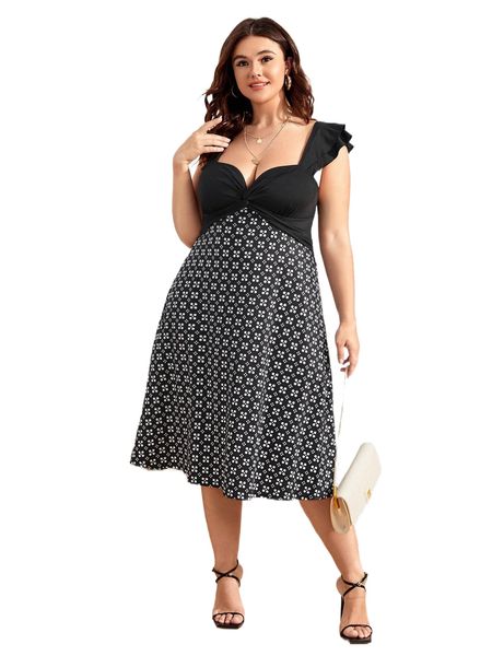 

plus polka dot twist front dress n9je#, Black