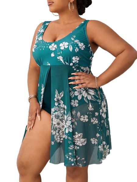 

plus floral print overlay one piece swimsuit u7tb#, White;black