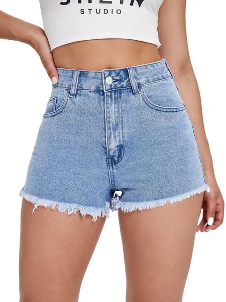 

high waist zipper fly raw hem denim shorts x1xe#, White;black